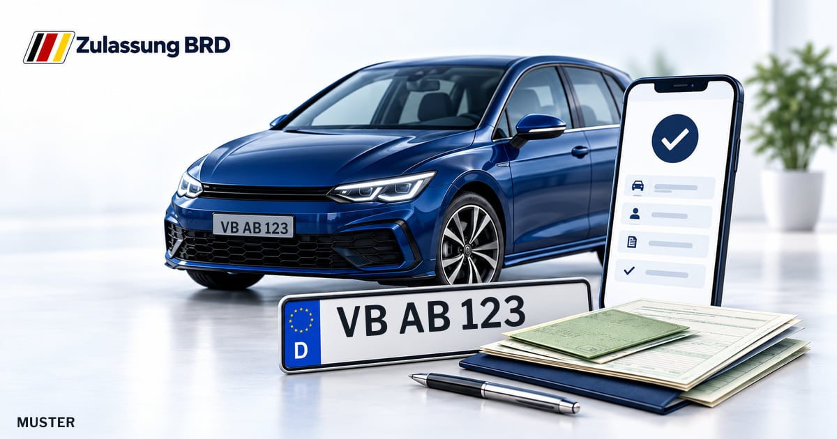 Online Fahrzeugzulassung in Schotten: Musterkennzeichen VB AB 123, Auto und Fahrzeugpapiere und Smartphone. Illustration mit Logo von Zulassung BRD.